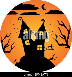 Witch or haunted house silhouette on the hill in a round shaped background. House, crescent, bats and black cat outline. Happy Halloween. Vector illus Stock Vector