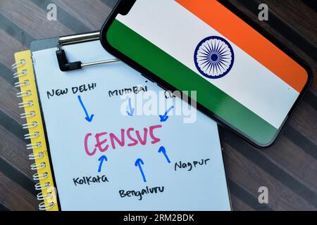 Concept of Census write on paperwork with India flag isolated on Wooden Table. Stock Photo