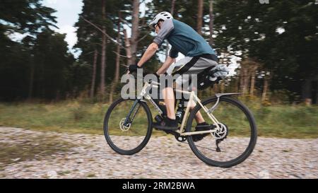 A man rides a bikepacking bike at speed on a gravel track in Thetford Forest in Norfolk, England UK Stock Photo