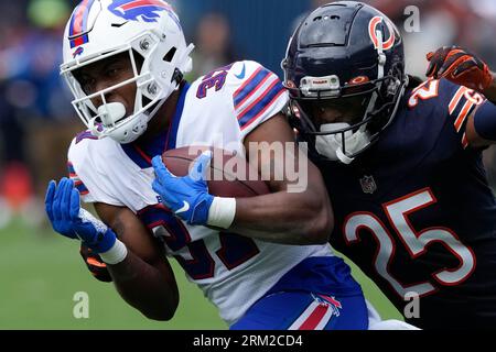 Buffalo Bills running back Darrynton Evans (37) runs the ball during an NFL  pre-season football game against the Indianapolis Colts, Saturday, Aug. 12,  2023, in Orchard Park, N.Y. Buffalo defeated the Colts