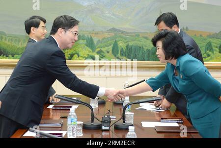 Bildnummer: 59797180  Datum: 09.06.2013  Copyright: imago/Xinhua (130610) -- SEOUL, June 10, 2013 (Xinhua) -- Head of the South Korean delegation Chun Hae-sung (L Front) shakes hands with Kim Song-Hye, head of the delegation of the Democratic People s Republic of Korea (DPRK), during their talks at the Panmunjom border village June 9, 2013. South Korea and the DPRK have agreed to hold an inter-government meeting in Seoul, capital of South Korea, on June 12-13 to discuss issues between the two sides, media reported on June 10. (Xinhua/South Korean Unification Ministry) (yc) SOUTH KOREA-DPRK-TAL Stock Photo