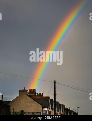 London, UK. 26th Aug, 2023. Following a day of sometimes beautiful sunshine and several very heavy showers in London, a vibrantly colourful double rainbow can be seen over Lewisham in Southeast London this evening. The forecast suggests further mixed weather in the coming days. Credit: Imageplotter/Alamy Live News Stock Photo