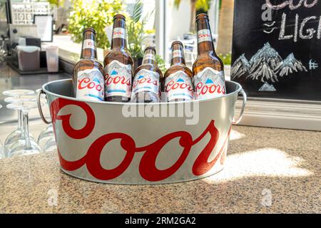 Coors beer bottles in a branded bucket cooler Stock Photo