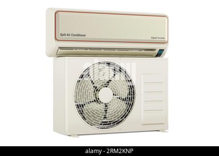 Air conditioner, indoor wall and outdoor compressor units, 3D rendering isolated on white background Stock Photo