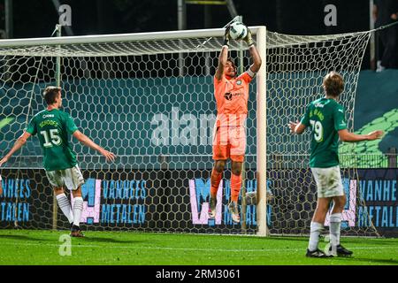 Lommel, Belgium. 26th Aug, 2023. goalkeeper Jari De Busser (20) of Lommel pictured during a soccer game between SK Lommel and KMSK Deinze on the third matchday in the Challenger Pro League for the 2023-2024 on August 26, 2023 in Lommel, Belgium. Credit: sportpix/Alamy Live News Stock Photo