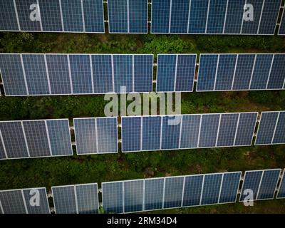 Aerial close-up of some solar panels in an installation in a field in Tenerife, Spain Stock Photo