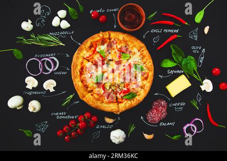 Pizza, ingredients and product names written in chalk on a black background. Banner, menu, recipe. Stock Photo