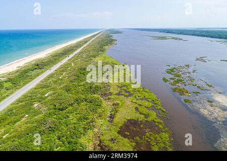 Ponte Vedra Beach Florida,Guana River Wildlife Management Area,Route A1A highway,Atlantic Ocean,aerial overhead from above view,salt marsh maritime ha Stock Photo