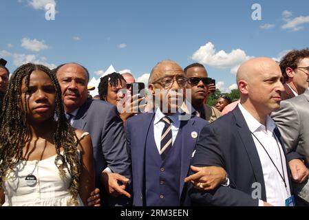 Washington, DC, USA. 26 Aug 2023. Civil rights leader Rev. Al Sharpton is flanked by Martin Luther King III, Yolanda King, and Anti-Defamation League CEO Jonathan Greenblatt at the 60th anniversary of the March on Washington. Credit: Philip Yabut/Alamy Live News Stock Photo