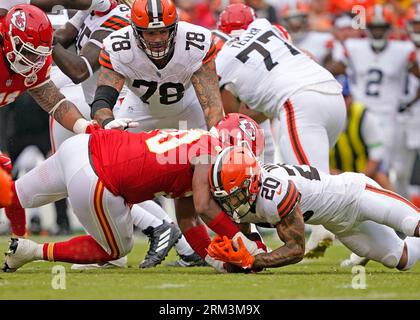 Kansas City, United States. 26th Aug, 2023. Cleveland Browns running back Jordan Wilkins (20) recovers his own fumble in the 1st quarter agains the Cleveland Browns at Arrowhead Stadium in Kansas City, Missouri on Saturday, August 26, 2023. Photo by Jon Robichaud/UPI Credit: UPI/Alamy Live News Stock Photo