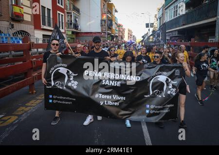 Madrid, Spain. 26th Aug, 2023. Anti-bullfighting activists and animal supporters march with banners along Calle Mayor during the demonstration. A group of anti-bullfighting activists from the Madrid town of San Sebastian de los Reyes demonstrated against the bullfighting festivities that will be held as every year in the town starting next Monday. These festivals are considered the most important in Spain after those of Pamplona. (Photo by David Canales/SOPA Images/Sipa USA) Credit: Sipa USA/Alamy Live News Stock Photo