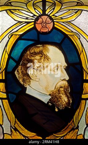 Charles Dickens, stained glass portrait, Museum, Bloomsbury, London, England Stock Photo