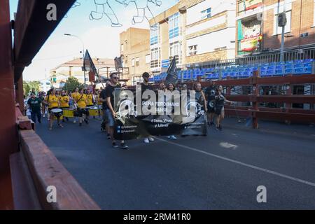 Madrid, Spain. 26th Aug, 2023. Anti-bullfighting activists and animal supporters march with banners along Calle Mayor during the demonstration. A group of anti-bullfighting activists from the Madrid town of San Sebastian de los Reyes demonstrated against the bullfighting festivities that will be held as every year in the town starting next Monday. These festivals are considered the most important in Spain after those of Pamplona. (Photo by David Canales/SOPA Images/Sipa USA) Credit: Sipa USA/Alamy Live News Stock Photo