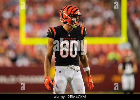 Cincinnati Bengals wide receiver Andrei Iosivas runs a route during the  first half of an NFL preseason football game between the Cincinnati Bengals  and the Washington Commanders, Saturday, Aug. 26, 2023, in