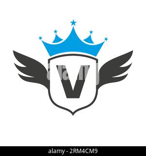 Letter V Transportation Logo With Wing, Shield And Crown Icon. Wing Logo On Shield Symbol Stock Vector
