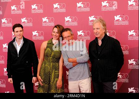 Bildnummer: 60434769  Datum: 04.09.2013  Copyright: imago/Xinhua (130904) -- VENICE, Sept. 4, 2013 (Xinhua) ¨CFrench director Patrice Leconte(3rd L),actor Alan rickman (1st R),actress Rebecca Hall(2nd L),actor Richard Madden(1st L) pose at the photocall of the screening of Une promesse during the 70th Venice Film Festival, in Lido of Venice, Italy, on Sept. 4, 2013. (Xinhua/Xu Nizhi) ITALY-VENICE-FILM-FESTIVAL-UNE PROMESSE PUBLICATIONxNOTxINxCHN Kultur Entertainment People Film 70 Internationale Filmfestspiele Venedig xas x0x 2013 quer premiumd      60434769 Date 04 09 2013 Copyright Imago XIN Stock Photo