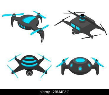 Drones set. Different quadcopters, flying gadget with camera. Military or delivery devices. robotic technologies. Aerial unmanned vehicle. Vector isol Stock Vector