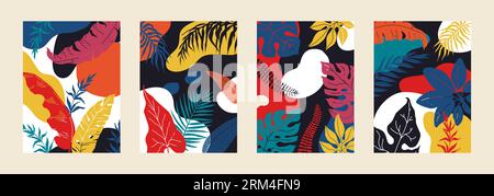 Jungle pattern. Abstract leaf art, nature palm flowers, paper summer plants, tropical beach posters. Trendy botanical foliage shapes. Modern minimal e Stock Vector