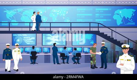 Control center. Military command office interior. Data security in future. Operation surveillance. Computers and electronic server. Mission management Stock Vector