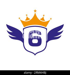 Letter 6 Transportation Logo With Wing, Shield And Crown Icon. Wing Logo On Shield Symbol Stock Vector