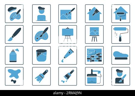 Painting set icon. Contains icons paint brush, canvas, painter, paint tubes, etc. Solid icon style. Simple vector design editable Stock Vector