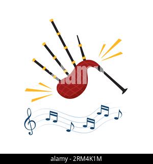Bagpipes icon, music instrument. Treble clef with notes on wavy lines. Music concept. Vector illustration Stock Vector