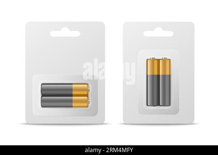 Vector 3d Realistic Two Alkaline Battery in Paper Bliste Icon Set Closeup Isolated. AA Size, Horizontal and Vertical Position. Design Template for Stock Vector