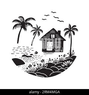 Whimsical beach hut block print illustration for tropical travel concept. Vector coastal house with palm tree stylized for holiday. Stock Vector