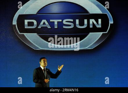 Bildnummer: 60489601  Datum: 17.09.2013  Copyright: imago/Xinhua JAKARTA,  -- Nissan Motor President and Chief Executive Officer Carlos Ghosn speaks at the launching ceremony of Datsun automobiles in Jakarta, Indonesia, Sept. 17, 2013. Datsun comes back to Indonesia after 32 years. (Xinhua/Agung Kuncahya B.)(lrz) INDONESIA-JAKARTA-LAUNCHING-DATSUN PUBLICATIONxNOTxINxCHN Wirtschaft people x0x xkg 2013 quer premiumd     60489601 Date 17 09 2013 Copyright Imago XINHUA Jakarta Nissan Engine President and Chief Executive Officer Carlos Ghosn Speaks AT The Launching Ceremony of Datsun Automobiles in Stock Photo