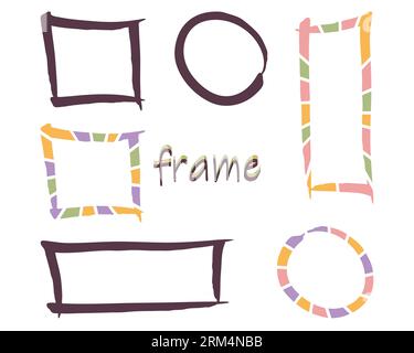 Free style frames, border Set. Hand drawn paint brush doodle line strokes and fills, colorful palette. Circle wreath, square geometric shapes. Empty Stock Vector