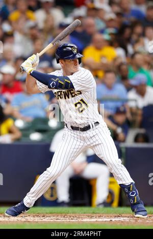 Milwaukee Brewers' Mark Canha hits a single during the sixth inning of a  baseball game against the Washington Nationals Sunday, Sept. 17, 2023, in  Milwaukee. (AP Photo/<orry Gash Stock Photo - Alamy