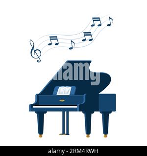 Grand piano and sheet music on a stand. Music instrument. Treble clef with notes on wavy lines. Music concept. Vector illustration Stock Vector