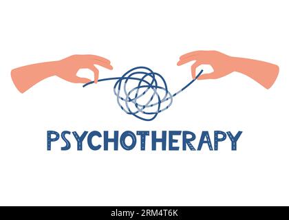 Hands untangling tangled thoughts. Chaos or mess. Psychotherapy concept. Abstract metaphor of solving difficult situation. Vector illustration Stock Vector