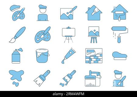 Painting set icon. Contains icons paint brush, canvas, painter, paint tubes, etc. Flat line icon style. Simple vector design editable Stock Vector