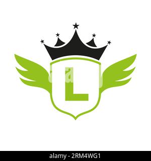 Letter L Transportation Logo With Wing, Shield And Crown Icon. Wing Logo On Shield Symbol Stock Vector