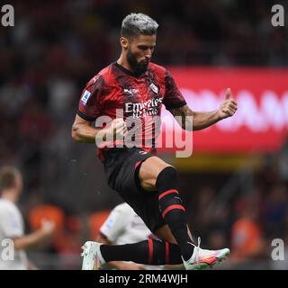 Milan, Italy. 26th Aug, 2023. AC Milan's Olivier Giroud celebrates his goal during a Serie A football match between AC Milan and Torino in Milan, Italy, on Aug. 26, 2023. Credit: Str/Xinhua/Alamy Live News Stock Photo