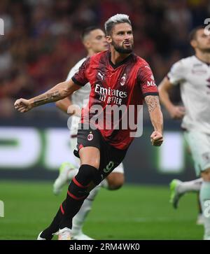 Milan, Italy. 26th Aug, 2023. AC Milan's Olivier Giroud celebrates his goal during a Serie A football match between AC Milan and Torino in Milan, Italy, on Aug. 26, 2023. Credit: Str/Xinhua/Alamy Live News Stock Photo