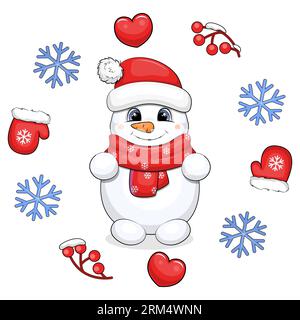 Cute cartoon snowman with a red scarf and red hat in a winter frame. Christmas vector illustration with hearts, mittens, berries, snowflakes. Stock Vector