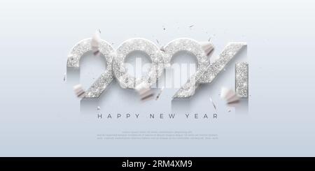 New year 2024 design with luxury modern numerals. Shiny metallic silver glitter. Against a bright background. Premium vector design for banners, poste Stock Vector