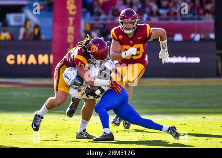 August 26, 2023 Los Angeles, CA.USC Trojans linebacker Mason Cobb #13 makes the tackle in action in the first quarter during the NCAA Football game between the USC Trojans and the San Jose State Spartans at the Coliseum in Los Angeles, California.Mandatory Photo Credit: Louis Lopez/Cal Sport Media Credit: Cal Sport Media/Alamy Live News Stock Photo