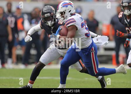 Buffalo Bills running back Darrynton Evans (37) runs the ball during an NFL  pre-season football game against the Indianapolis Colts, Saturday, Aug. 12,  2023, in Orchard Park, N.Y. Buffalo defeated the Colts