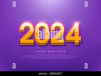 Happy new year 2024 background with shiny orange 3d numbers. Stock Vector