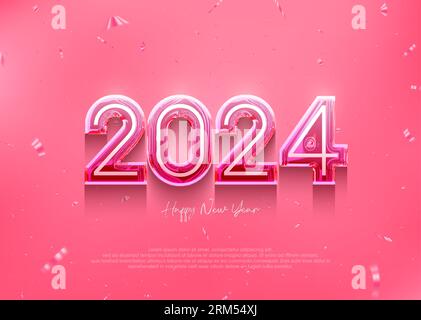 Happy new year 2024 pink 3d number, vector editable. Stock Vector