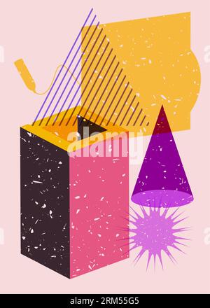 Graduation cap with colorful geometric shapes. Education concept in trendy riso graph design. Geometry elements abstract risograph print texture style Stock Vector
