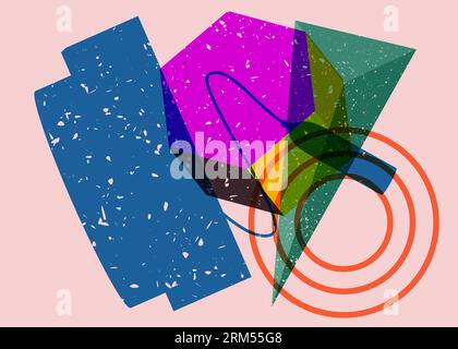 Graduation cap with colorful geometric shapes. Education concept in trendy riso graph design. Geometry elements abstract risograph print texture style Stock Vector