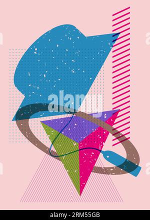 Graduation cap with colorful geometric shapes. Education concept in trendy riso graph design. Geometry elements abstract risograph print texture style Stock Vector