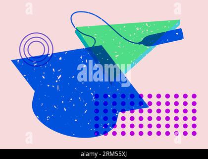 Graduation cap with colorful geometric shapes. Education concept in trendy riso graph design. Geometry elements abstract risograph print texture style Stock Vector