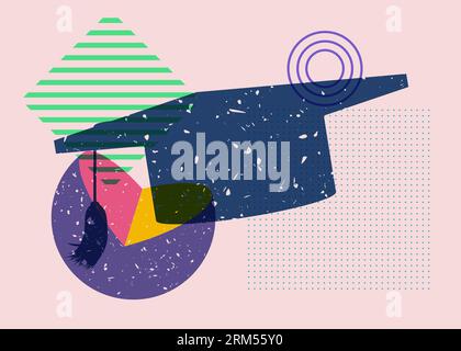 Graduation cap with colorful geometric shapes. Education concept in trendy riso graph design. Geometry elements abstract risograph print texture style Stock Vector