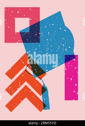 Graduation cap with colorful geometric shapes. Education concept in trendy riso graph design. Geometry elements abstract risograph print texture style Stock Vector