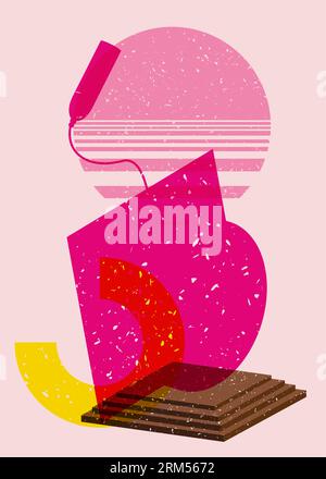 Graduation cap with colorful geometric shapes. Education concept in trendy riso graph design. Geometry elements abstract risograph print texture style Stock Vector